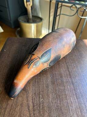 Hand-carved burned Peruvian folk art gourd rattle signed Evaristo Medina